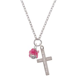 Delight Jewelry Hot Pink Hibiscus Flowers Spinner - Everlasting Love Engraved Cross Zoey Necklace, 28"