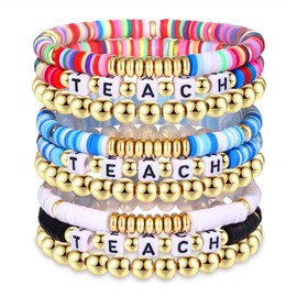 NLCAC 9 Pack Heishi Teacher Bracelets Stackable Rainbow Heishi Teach Beaded Stretchy Bracelet Preppy Jewelry Back to School Teacher Appreciation Gifts, not know