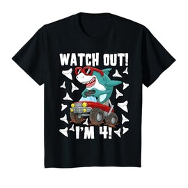 4 Years Old 4th Birthday Shark Boy Girl Monster Truck Gamer T-Shirt