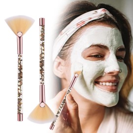 Mekupeu 2Pcs Soft Facial Fan Mask Brushes, Facial Mask Acid Applicator Brushes Tools for Mud Cream,Makeup Peel (Gold)