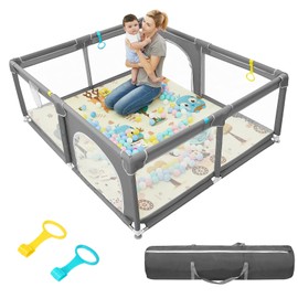 DEAR LOV Baby Playpen, 71"x59" Extra Large Playard with Thickened Steel Pipes, Baby Activity Center with Gate & Toys, Sturdy Soft Mesh Safety Fence for Toddlers (Gray)