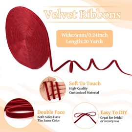 20 Yards Red Velvet Ribbon Double Face Velvet Ribbon 1/4 Inch Christmas Ribbons for Gift Wrapping, Hair Bow Making Flower Bouquet, Christmas Tress Decor