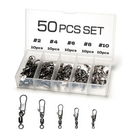 Piscorush 50/100Pcs Rolling Fishing Swivels with Clips Set Rolling Swivel with Interlock Snaps Barrel Fishing Lure Line Connector Snap Swivels Tackle Accessories (50Pcs - #2#4#6#8#10)