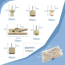 Pack of 135 Wooden Drawing Pins, 6 Styles Thumbtacks for Blackboard, Cork, Drawing Pins for Wood