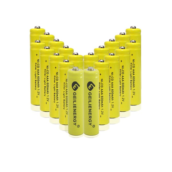 GEILIENERGY NiCd AAA 1.2V 600mAh Triple A Rechargeable Batteries for Solar Light Lamp Yellow Color (Pack of 20)