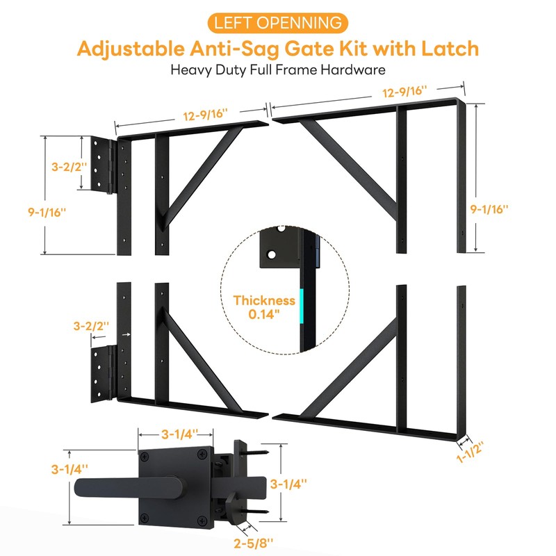DIYHD Heavy Duty Anti-Sag Gate Kit with Left-Opening Latch for