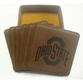 GFSF Ohio State Set of Six 6 Engraved Leather 4"x4" Coasters in a Leather Holder