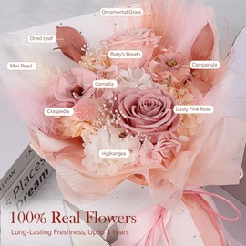 Preserved Bouquet of Flowers - Real Roses & Flowers for Delivery, Long-Lasting Dusty Pink Forever Camellia Flowers, Mothers Day Gifts for Mom Grandma Wife, Anniversary Birthday Gifts for Women