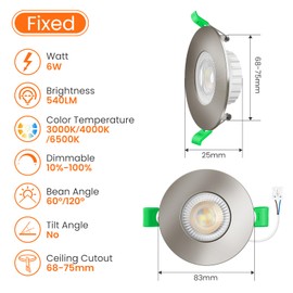 LED Downlights Ultra Slim Dimmable 6W 68mm Downlights for Ceiling 3CCT Warm White 3000K Natural White 4000K Cool White 6500K IP44 Dimmable LED Downlights for Kitchen Bathroom Living Room 6 Pack Chrome