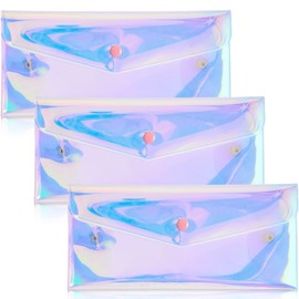 Patelai 3 Pcs Holographic Makeup Bag Iridescent Pencil Pouch Clear Transparent Small Iridescent Waterproof Cosmetic Bag Make up Envelop Organizer Case Travel Clear Coin Purse for Women(Medium)
