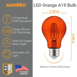 Sunlite 81085 LED Filament A19 Standard 4.5 (60 Watt Equivalent) Colored Transparent Dimmable Light Bulb, 2 Count (Pack of 1), Orange