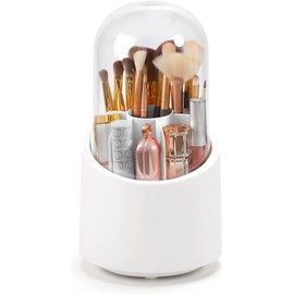 Organizador de Brochas de Maquillaje Almacenamient, Organizador Giratorio para Brochas de Maquillaje con Tapa, Organizador de Brochas de Maquillaje Resistente Al Polvo para Cambiador, Baño (Blanco)