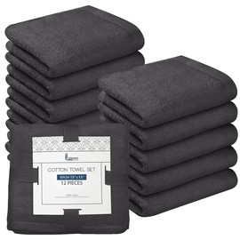 Linteum Textile Premium Wash Cloths Set 13x13 Inches, 100% Cotton Ring Spun Washcloths, Highly Absorbent & Soft Feel Face Towels for Bathroom, Spa and Gym (12 Pack, Stone Grey)