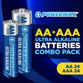 Powermax Double AA and Triple AAA Batteries 48-Count Combo Pack, 24-Count Each, Ultra Long Lasting Alkaline Battery, 10-Year Shelf Life, Reclosable Packaging
