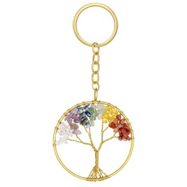 Sahoottie Tree of Life Crystal Keyring for Women 7 Chakra Crystal Gifts for Women Healing Crystals Round Keyring Tumbled Gemstones Best Friend Gold Keyring Womens Key Chain