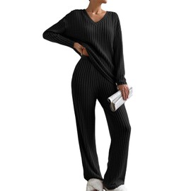 BUNSLOOM Two-Piece Women's Lounge Set Pyjamas Long Sleeve Short Sleeve Pyjamas Ribbed Homewear Set, black, XL
