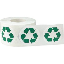 White and Green Recycle Logo Stickers, 1.5 Inches Round, 500 Labels on a Roll