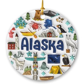 Lotacy Alaska Symbols Colorful 2D Christmas Ornament with Flag, Alaska Home Decor, Alaska Gifts and Souvenirs for Men and Women