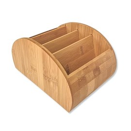 OSCO Bamboo Large Remote Organiser | 4 Compartments | Office Tidy | TV Control Storage | Pen Holder | Makeup sorter | Cosmetics Display | H12 x W15.8 x D22.5 cm |