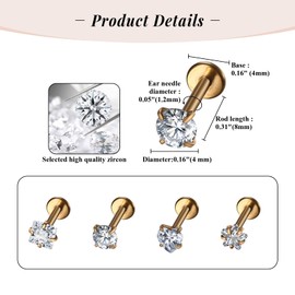 Flonge Dainty Flat Back Earrings: 4 Pairs Square Round Heart Pentagram Zircon Stud Cartilage Earrings 316 Stainless Steel Hypoallergenic Piercing Stud Earrings Set Gold