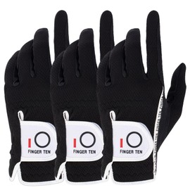 FINGER TEN Golf Gloves Men's All-Weather Left Hand Non-Slip Soft Golf Fiber Cloth Fit Velcro Sweat Resistant Multifunction Set of 3 (Left Hand Wear-22, Black)