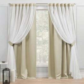 Exclusive Home Curtains Exclusive Home Catarina Layered Solid Room Darkening Blackout and Sheer Hidden Tab/Rod Pocket Top Curtain Panel Pair, 52x84, Sand 2 Count