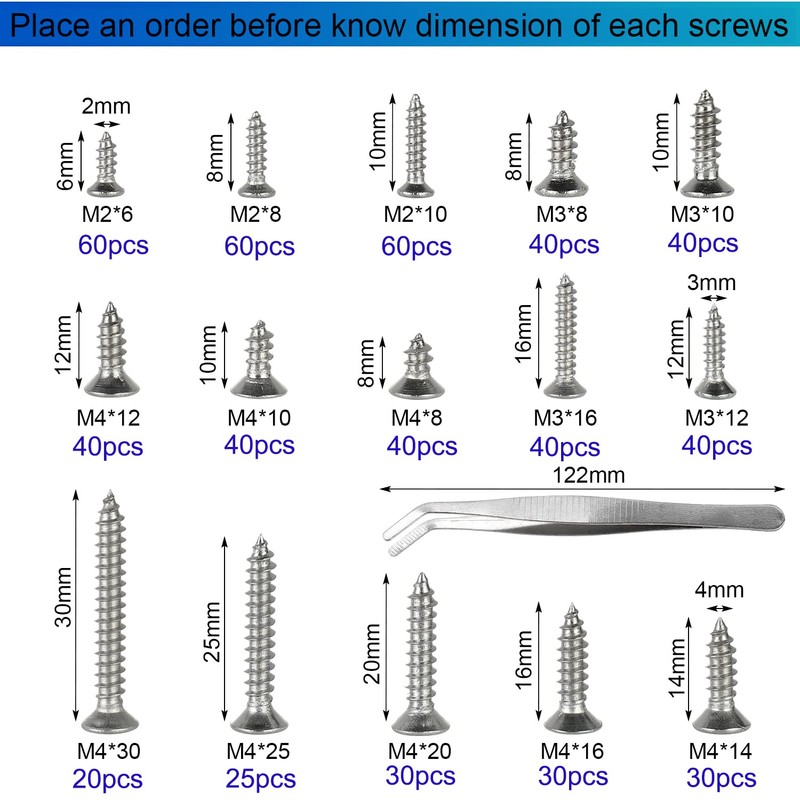 FandWay 595Pcs M2 M3 M4 Phillips Flat Head Self-Tapping Screws,