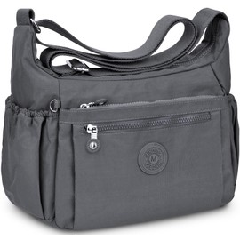 WACCET Women's Large Shoulder Bag, Waterproof Nylon Crossbody Bag with Adjustable Wide Shoulder Strap, Women's Handbag with Many Compartments, Lightweight Shoulder Bag for Travel, Work, darkgray