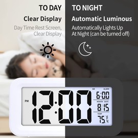 HUSAIHU Digital Alarm Clock, LCD Digit Clock Display with Temperature, USB Touch Bright Screen, Snooze,12/24H, Bedroom, Desk, Home Office and Travel (White)