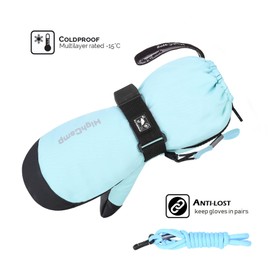 HIGHCAMP Kids Ski Mittens Waterproof Winter Snow Gloves with Zipper and String on Long Cuff for Toddler Boys Girls -Aqua,XS (2-3 Y)