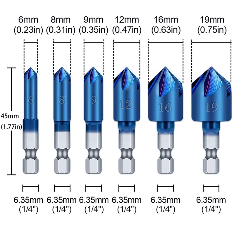 KEWAYO 6 PCS Countersink Drill Bit Set, 1/4" Hex Shank