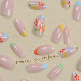 Wugbc French Tip Press On Nails, Almond Short Flower Design Fake Nail Acrylic Full Cover Stick On Nails Cute Spring Summer Reusable Glossy Glue Manicure Art For Women Girls 24Pcs