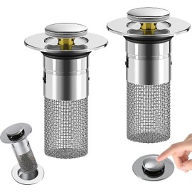 2pcs Bathroom Sink Drain Stopper Hair Catcher Pop Up Sink Drain Filter with Removable Stainless Steel Floor Universal Sink Filter