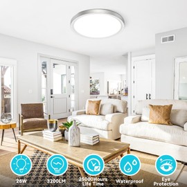 libtit 12 inch Flush Mount LED Ceiling Light Fixture, 3000K 4000K 6500K Adjustable, 28W 3200lm Brushed Nickel Satin Round Ceiling Lamp for Bathroom Hallway Kitchen Bedroom, 2 Pack