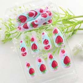 Almond Press on Nails Medium Fake Nails Pink Gradient French Tip Glue on Nails Red Strawberry Nail Press ons Light Green Glossy Artificial Stick on Nails for Women 24Pcs Art Style