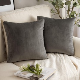 Phantoscope Pack of 2 Velvet Decorative Throw Pillow Covers Soft Solid Square Cushion Case for Couch Dark Grey 24 x 24 inches 60 x 60 cm