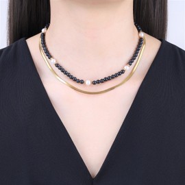COAI Herringbone Shell Pearl Black Obsidian Stone Beaded Choker Necklaces for Women