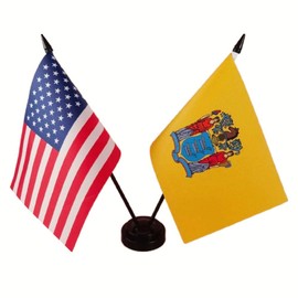 Zigvert America & New Jersey Twin Desk Flag, US New Jersey Table Flags, 8 x 5 Inches American & New Jersey Deluxe Desk Flag Set - Miniature USA & New Jersey Stick Flag with Flag Stand