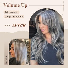 Jadeadyseg Silver Gray Wigs for Women Long Layered Ombre Gray Highlight Wig Synthetic Light Gray with Curtain Bangs for Black White Women Long Ombre Gray Natural Body Wave Middle Part 24Inch