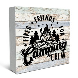 SRADMO Camping Crew Wood Box Sign Desk Decor,Rustic Camping Wooden Block Box Sign Decoration For Home Campsite RV Cabin Wall Shelf Table Decor