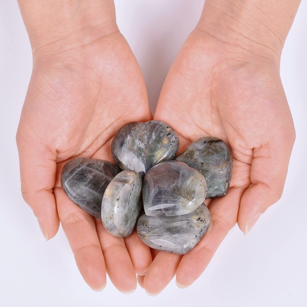 CNYANFEI 6Pcs Heart Shaped Labradorite Worry Stones Natural Crystal Heart Gemstone Palm Stones Healing Crystals
