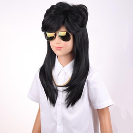 WTHCOS Mullet Wigs for Boy Black Wig 70s 80s Costumes Fancy Party Accessory Cosplay Wig Heat Resistant Synthetic Hair Wigs for Daily Use Cosplay Wig With Wig Cap