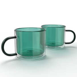 elle decor Double Wall Coffee Cups | Set of 2 | Cute Coffee, Tea, and Milk Glass Mugs with Handle | Insulated Espresso Cup | 10-Ounce | Gift Set for Valentines Day, Birthday, & Holidays (Green)
