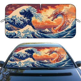 Dragon Car Windshield Sunshades Japanese Wave Red Loong Anime Heatshield Front Window Car Sun ​Shade Windshield Blocks UV Rays Sun Visor Protector for Car Sedan Truck SUV Accessories 59x31.5 Inch