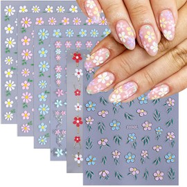 3D Daisy Flower Nail Stickers Blue Flowers Nails Design Sticker Cute Spring Nail Art Stickers Self-Adhesive Summer Nail Decals Colorful Floral Nail Accessories for Women Girl Nails DIY 6 Sheets