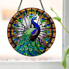 Vibrant Peacock Acrylic Stained Windows Hanging Suncatcher,Flower Stained Acrylic Suncatchers Window Ornament Stained Glass Panel Sun Catcher Wall Hanging Decor Birthday Gifts