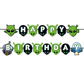 Green Alien Happy Birthday Banner, Alien Theme Birthday Decoration Alien Cutouts Banner, Alien Space Unidentified Flying Object Themed Party Decoration UFO Cutout Banners