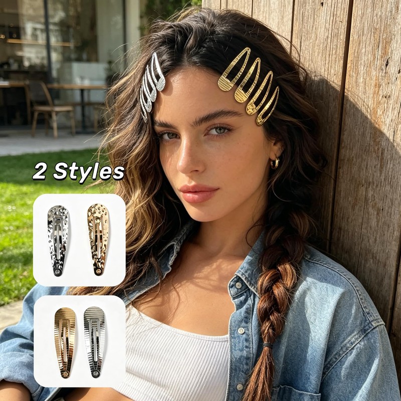 8Pcs Water Drop Metal Snap Hair Clips Textured Non Slip