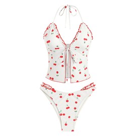 ZAFUL Tankini Swimsuits for Women Smocked Ruffles Tie Front Bowknot Textured High Cut Tanga Tankini Set(00-Light Yellow, S)