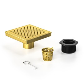 Bernkot Square Shower Drain 6", 304 Stainless Steel Floor Drain with Grid Drain Cover & Hair Strainer, Shower Drain w/CUPC Certified, Brushed Gold
